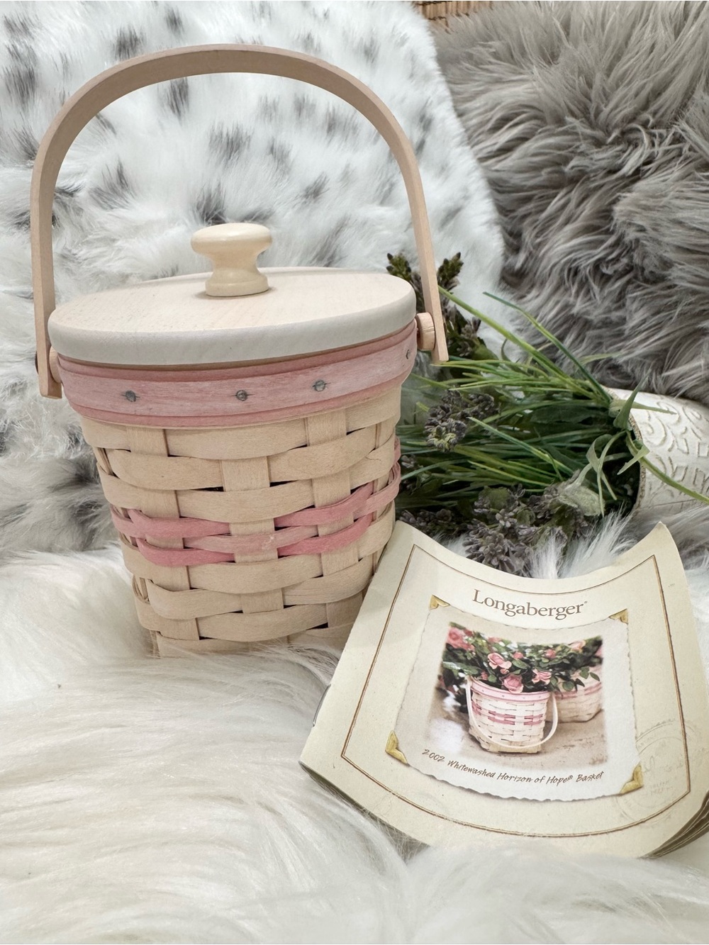 Longaberger Horizon of Hope Pink & Whitewashed Woven Basket with Lid